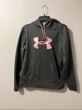 Under Armour Olive Green Hoodie with Pink Camo Logo Women’s Large
